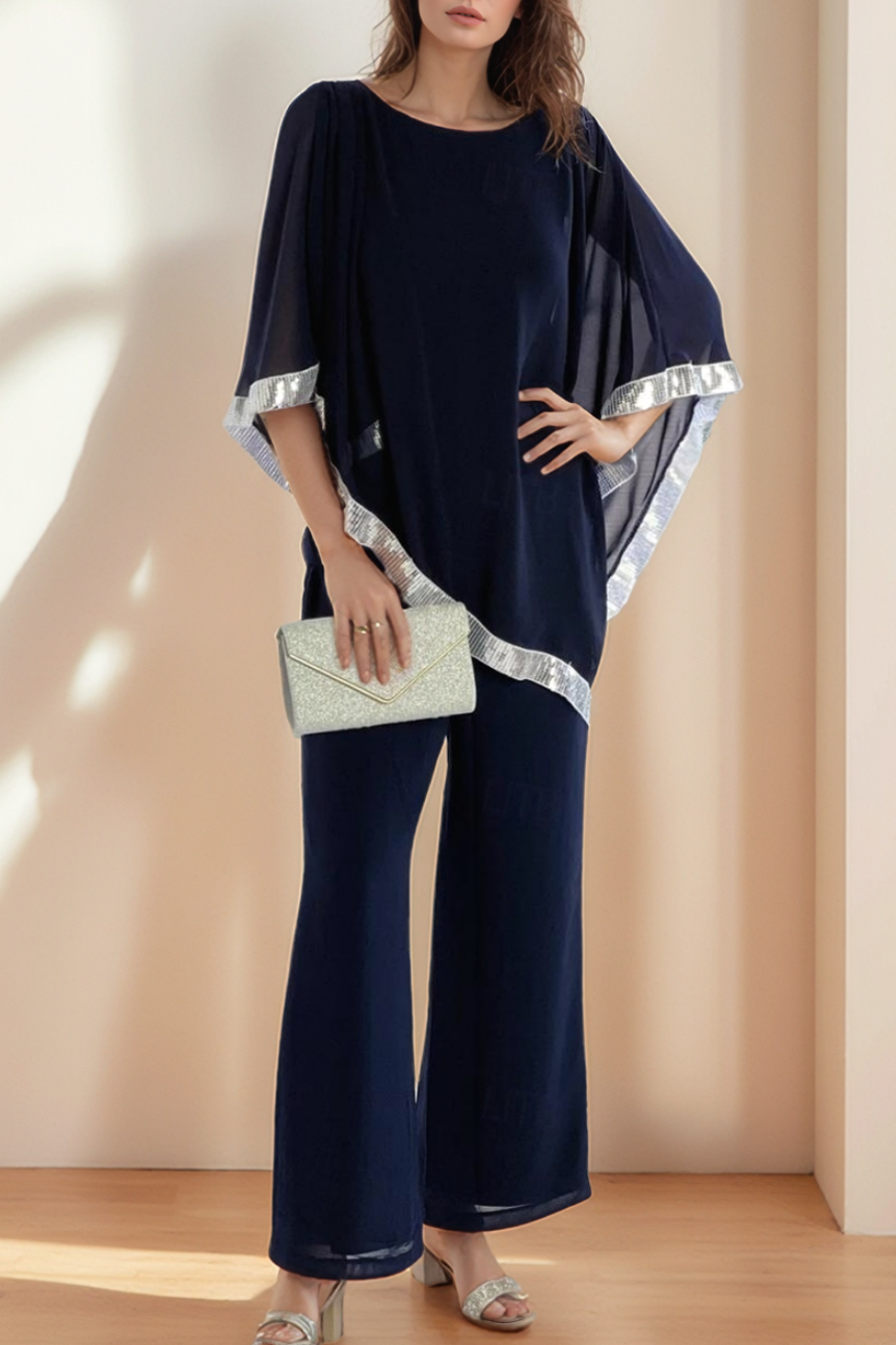 Mom Casual Outfit Sets Navy Crew Neck Mesh Pants Set