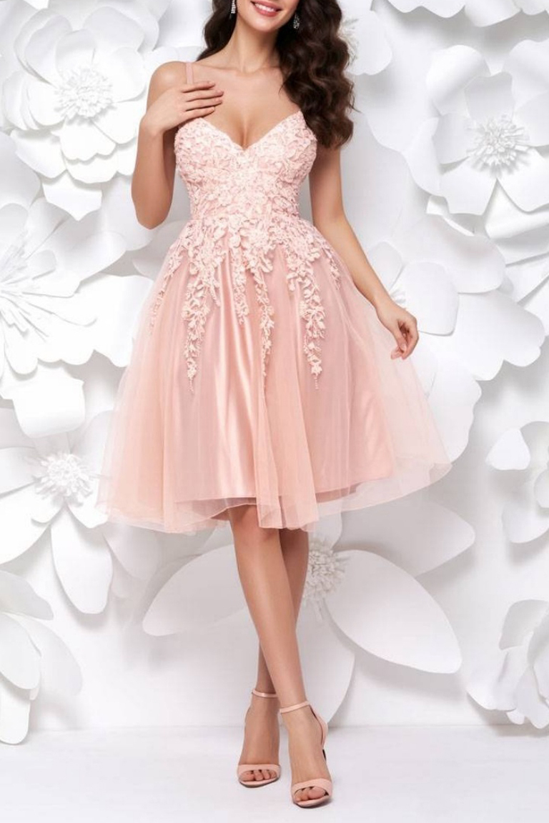 Homecoming​ Party Dress​​ Pink Spaghetti Strap Lace Knee Dress