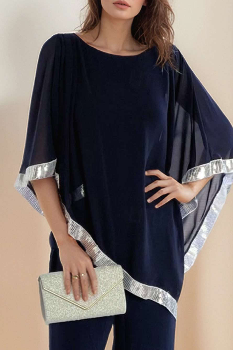 Mom Casual Outfit Sets Navy Crew Neck Mesh Pants Set