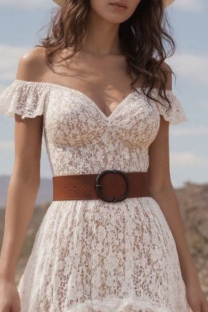 Bohemian Swing Lace Dress White V Neck Belted Maxi Dress