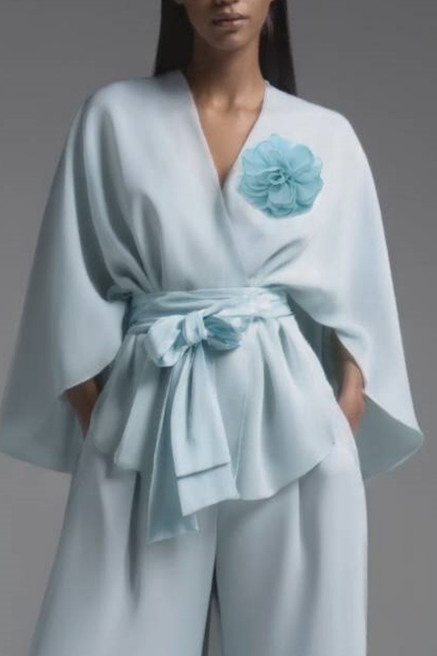 Work Pants Set Blue Long Sleeve Blouse Two-Piece Wide-Leg
