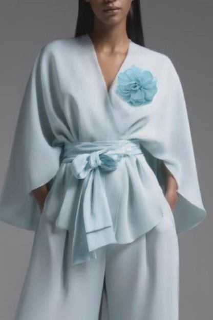 Work Pants Set Blue Long Sleeve Blouse Two-Piece Wide-Leg
