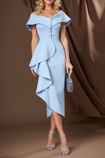 Semi Formal Party Dress​ ​​​Blue V Neck Ruffle Knee-Length Dress