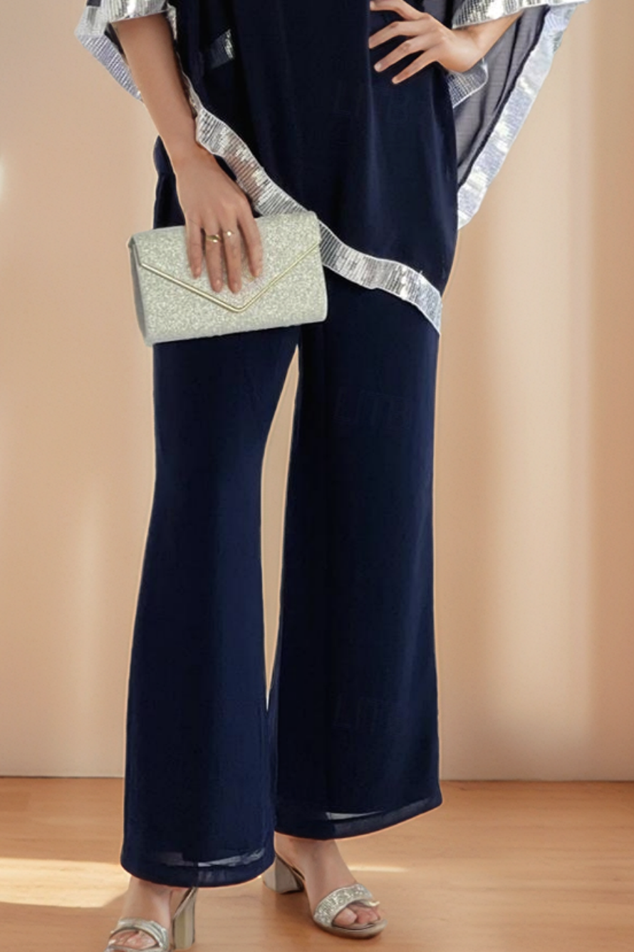Mom Casual Outfit Sets Navy Crew Neck Mesh Pants Set
