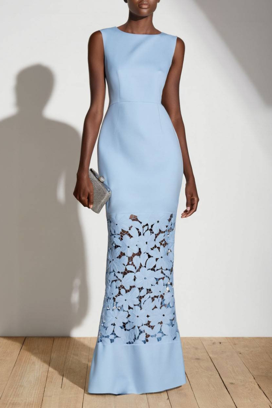 Formal ​Evening Dress Blue Crew Neck Maxi Lace Dress