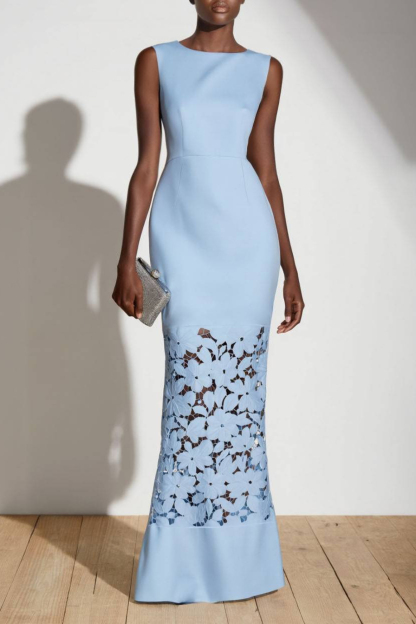 Formal ​Evening Dress Blue Crew Neck Maxi Lace Dress