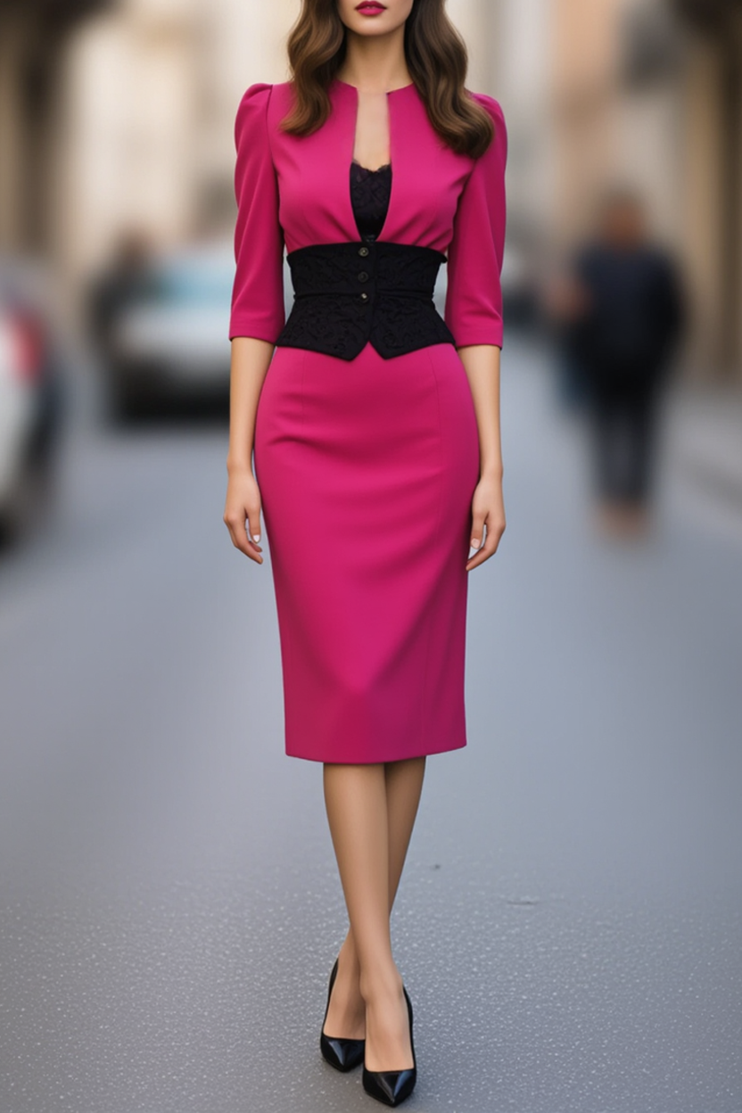 Work Dress Rose V Neck Half Sleeve Knee-Length Dress