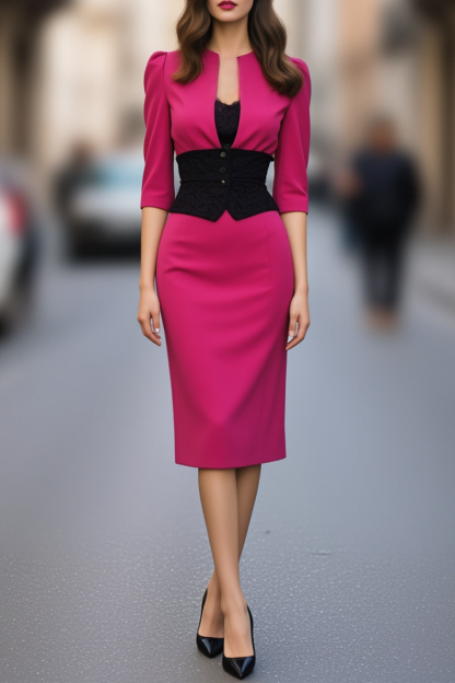 Work Dress Rose V Neck Half Sleeve Knee-Length Dress