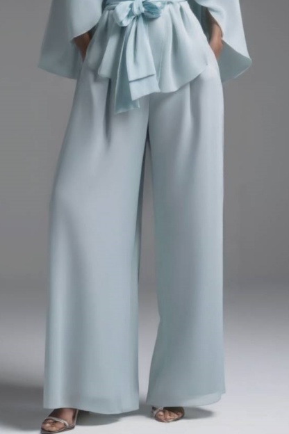 Work Pants Set Blue Long Sleeve Blouse Two-Piece Wide-Leg