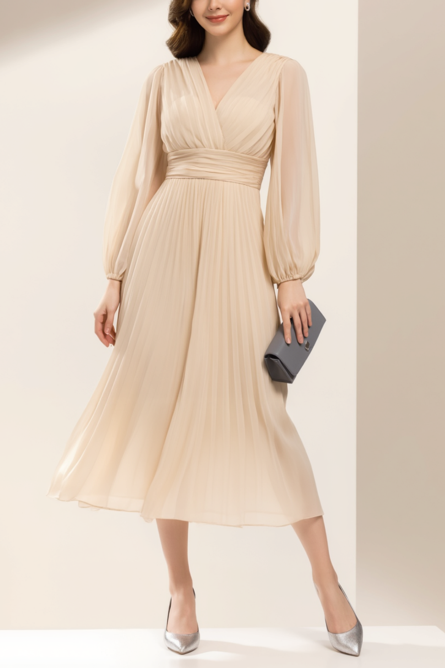 Work Party Dress​ Beige V Neck A-Line Midi Dress