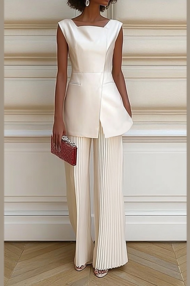 Business Outfit Sets White Square Neck Pleated Pant