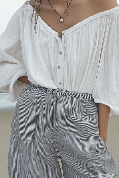 Casual Daily Top White Button-Up Off-Shoulder Loose Shirt