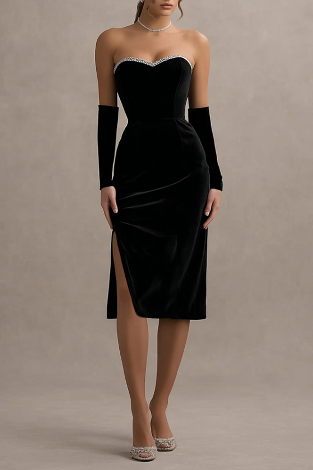 Party Cocktail Dress Black Strapless Velvet Knee-Length Dress