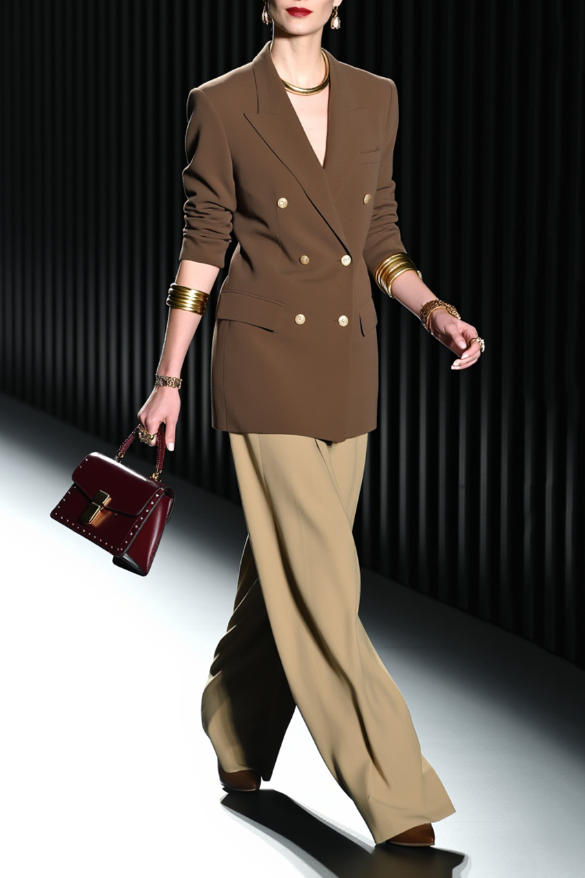 Work Blazer Suit Sets Brown Lapel Long Sleeve Wide-Leg Pants Set