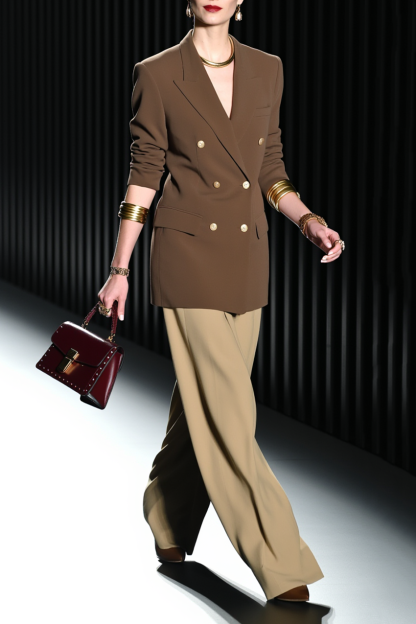 Work Blazer Suit Sets Brown Lapel Long Sleeve Wide-Leg Pants Set