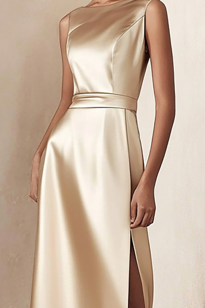 Champagne Satin Cocktail Party Dress Sleeveless Midi Dress With Slit