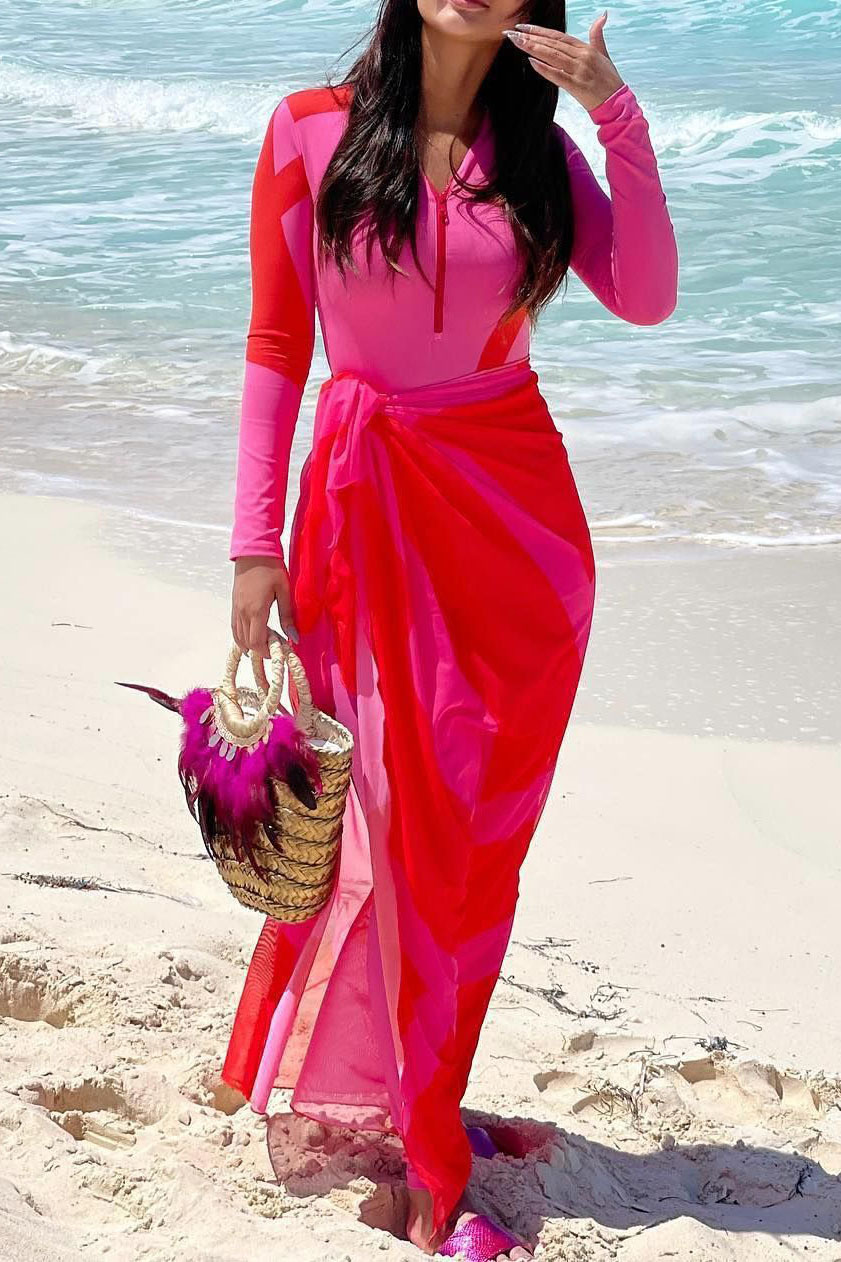 Long-Sleeved Printed Color-Blocked One-Piece Swimsuit and Cover-Up