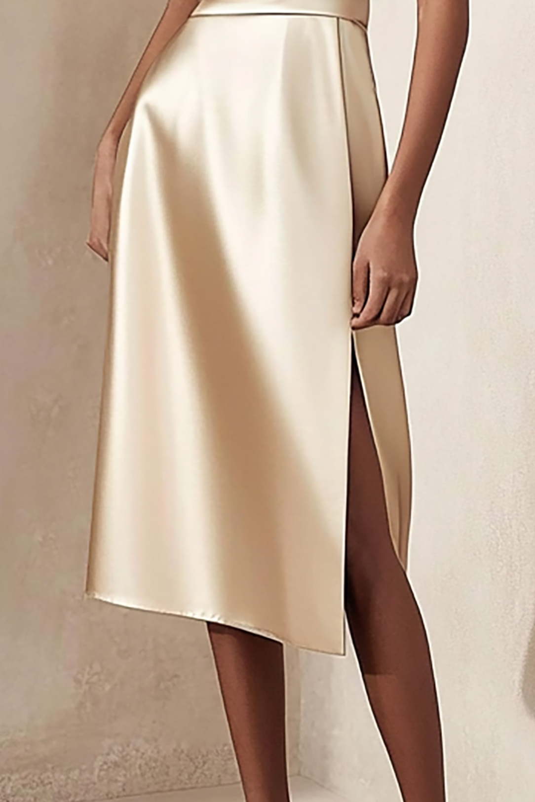 Champagne Satin Cocktail Party Dress Sleeveless Midi Dress With Slit