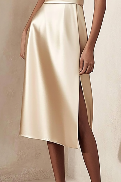Champagne Satin Cocktail Party Dress Sleeveless Midi Dress With Slit