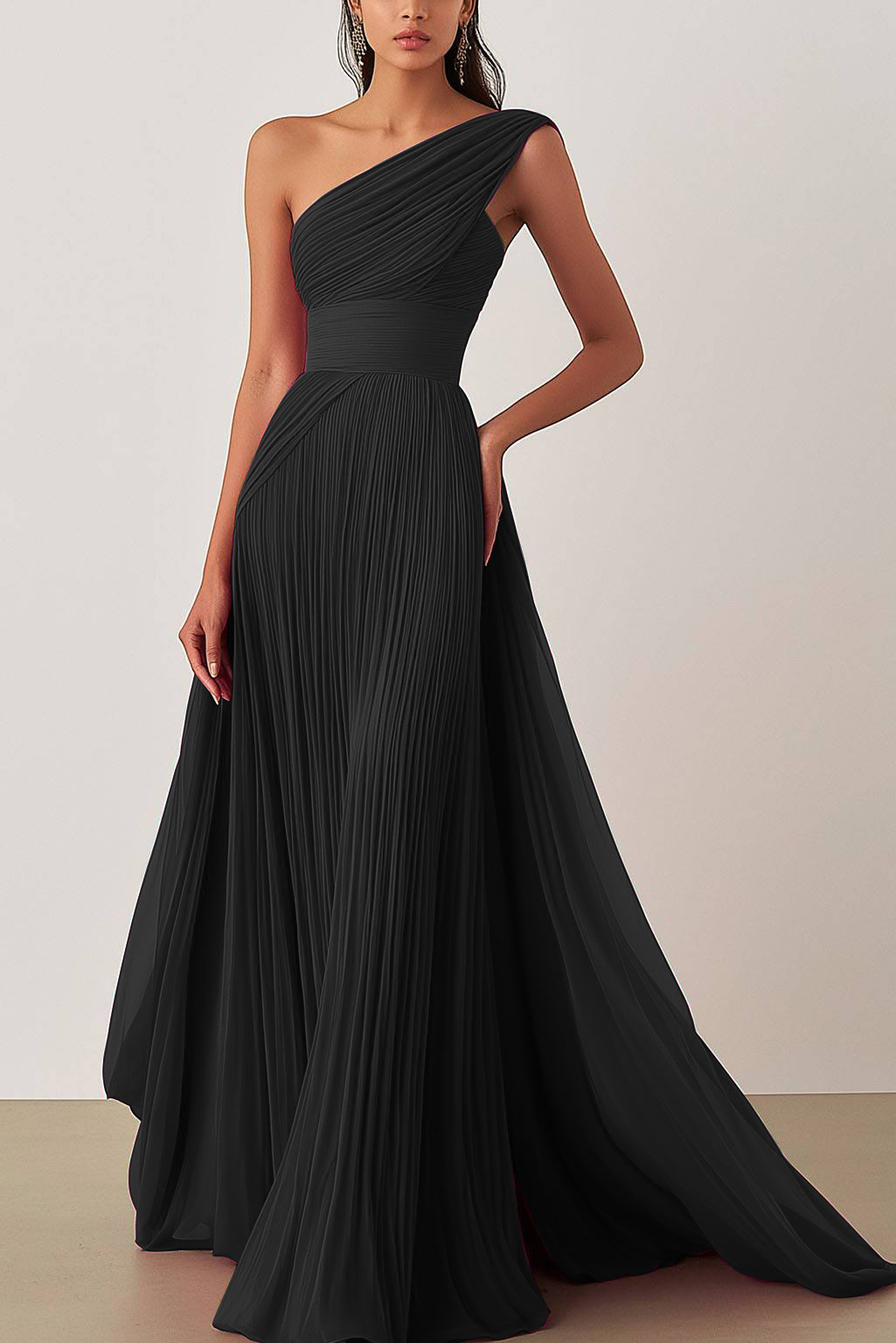 Prom Formal Pleated Dress Rose Color One-Shoulder Floor-Length Dress