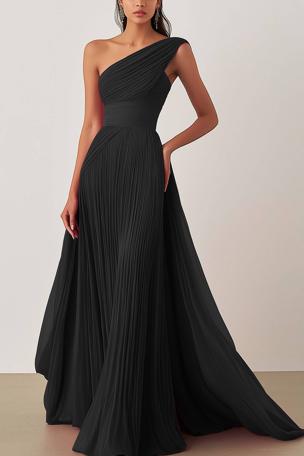 Prom Formal Pleated Dress Rose Color One-Shoulder Floor-Length Dress
