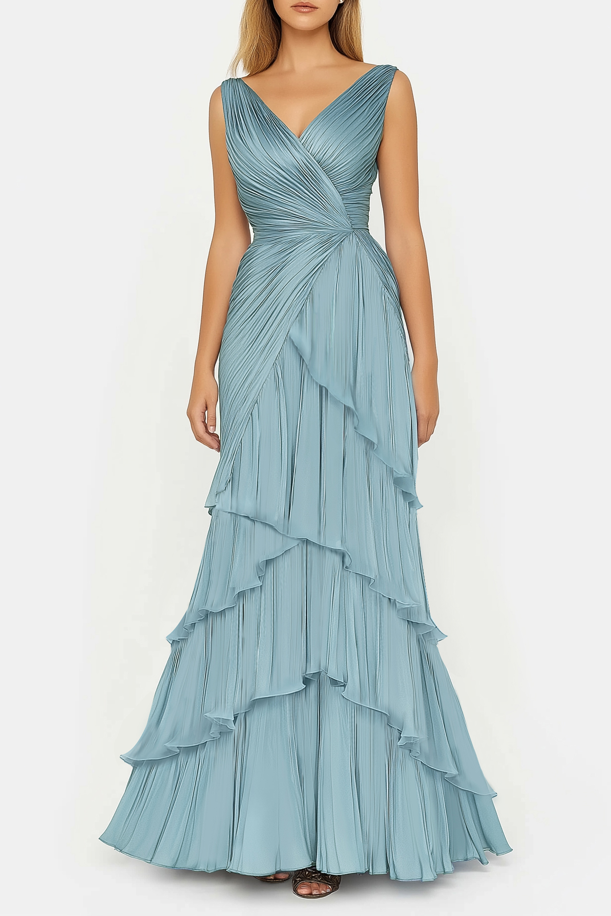 Formal Tiered Layer Dress Blue Sleeveless Pleated V-Neck Floor-Length