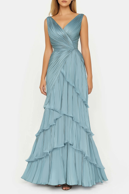 Formal Tiered Layer Dress Blue Sleeveless Pleated V-Neck Floor-Length Gown