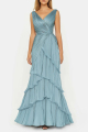 Formal Tiered Layer Dress Blue Sleeveless Pleated V-Neck Maxi Gown