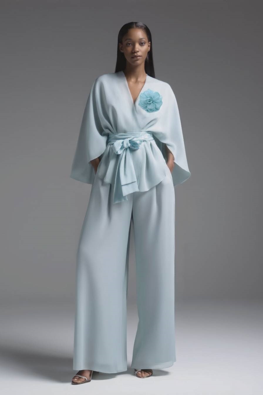 Work Pants Set Blue Long Sleeve Blouse Two-Piece Wide-Leg