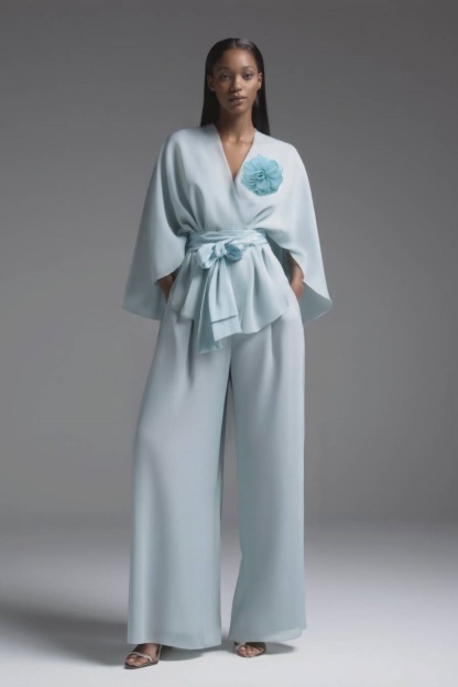 Work Pants Set Blue Long Sleeve Blouse Two-Piece Wide-Leg