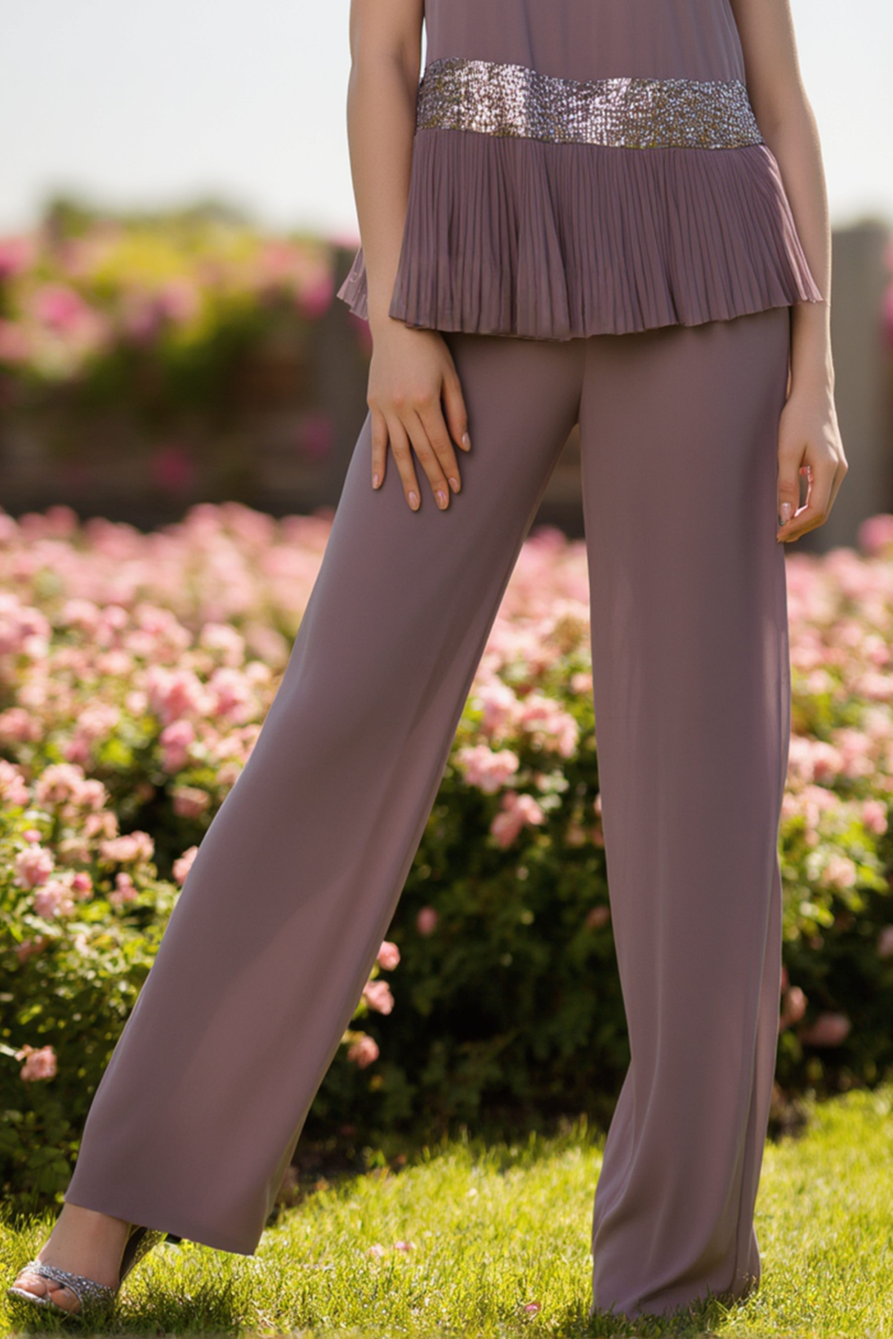 Casual Blouse Set Purple Crew Neck Chiffon Two-Piece