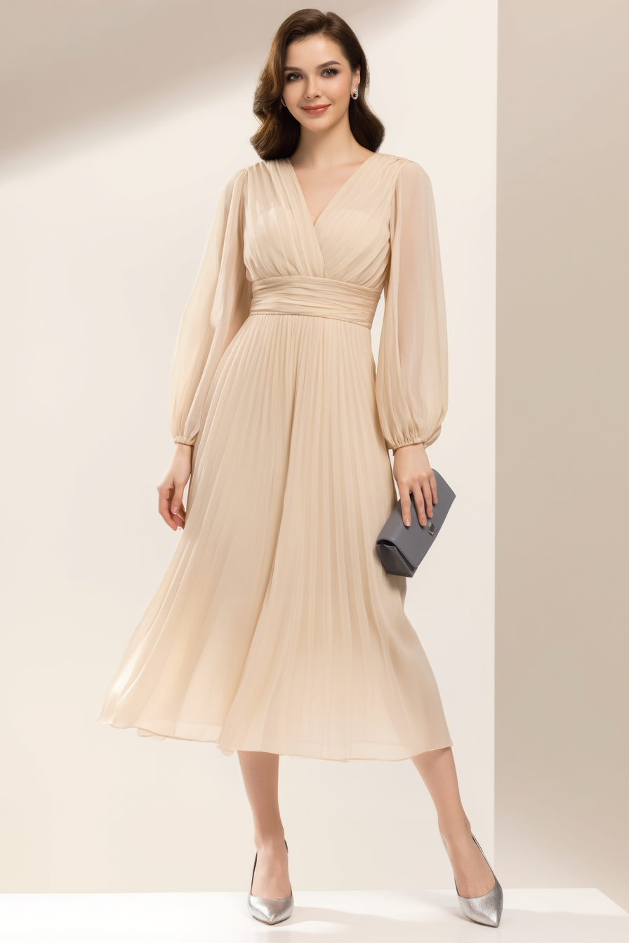 Work Party Dress Beige V Neck A-Line Midi Dress