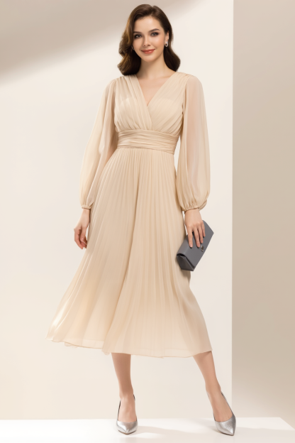 Work Party Dress​ Beige V Neck A-Line Midi Dress