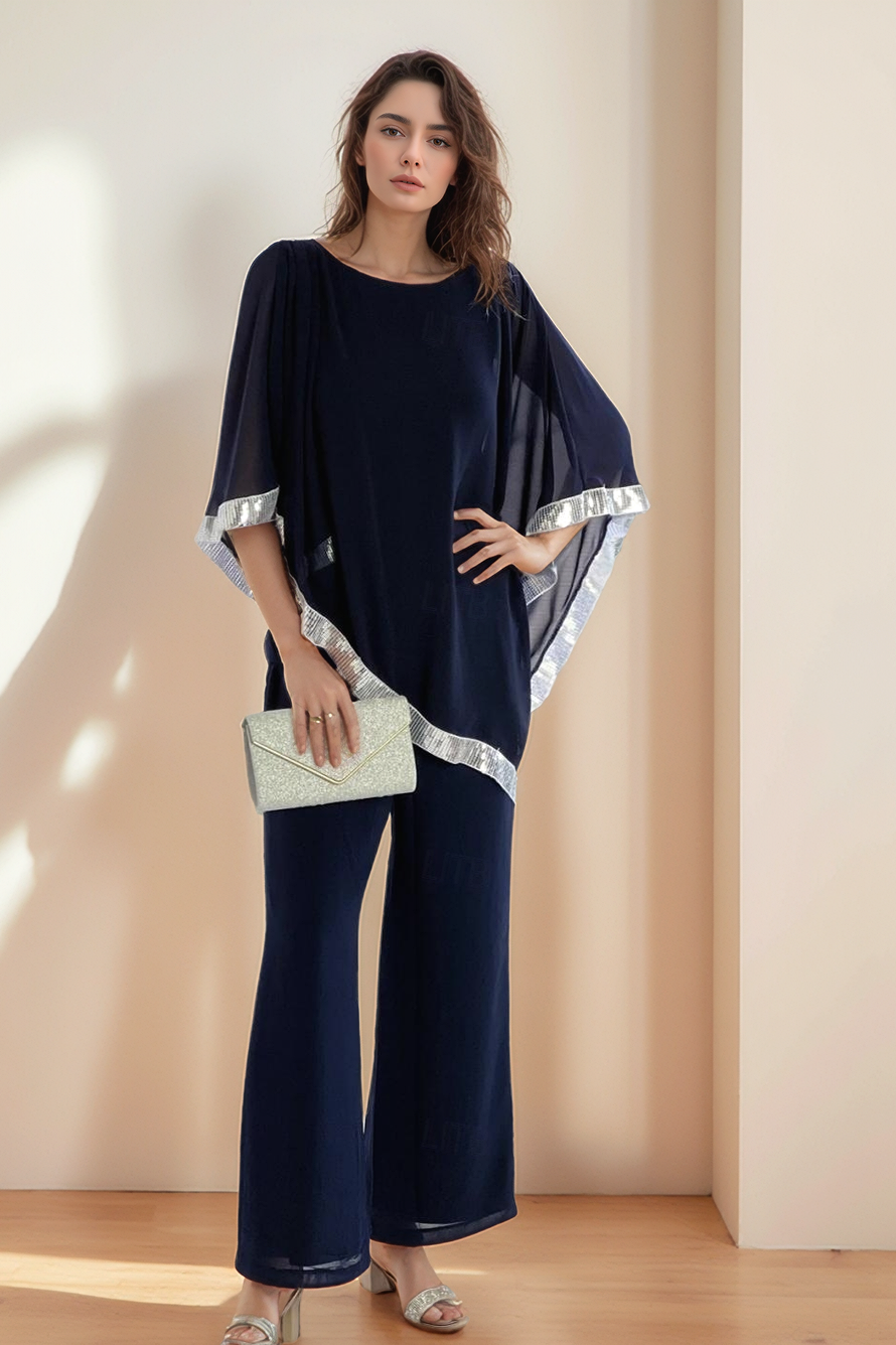 Mom Casual Outfit Sets Navy Crew Neck Mesh Pants Set