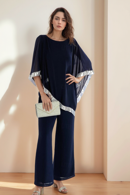 Mom Casual Outfit Sets Navy Crew Neck Mesh Pants Set