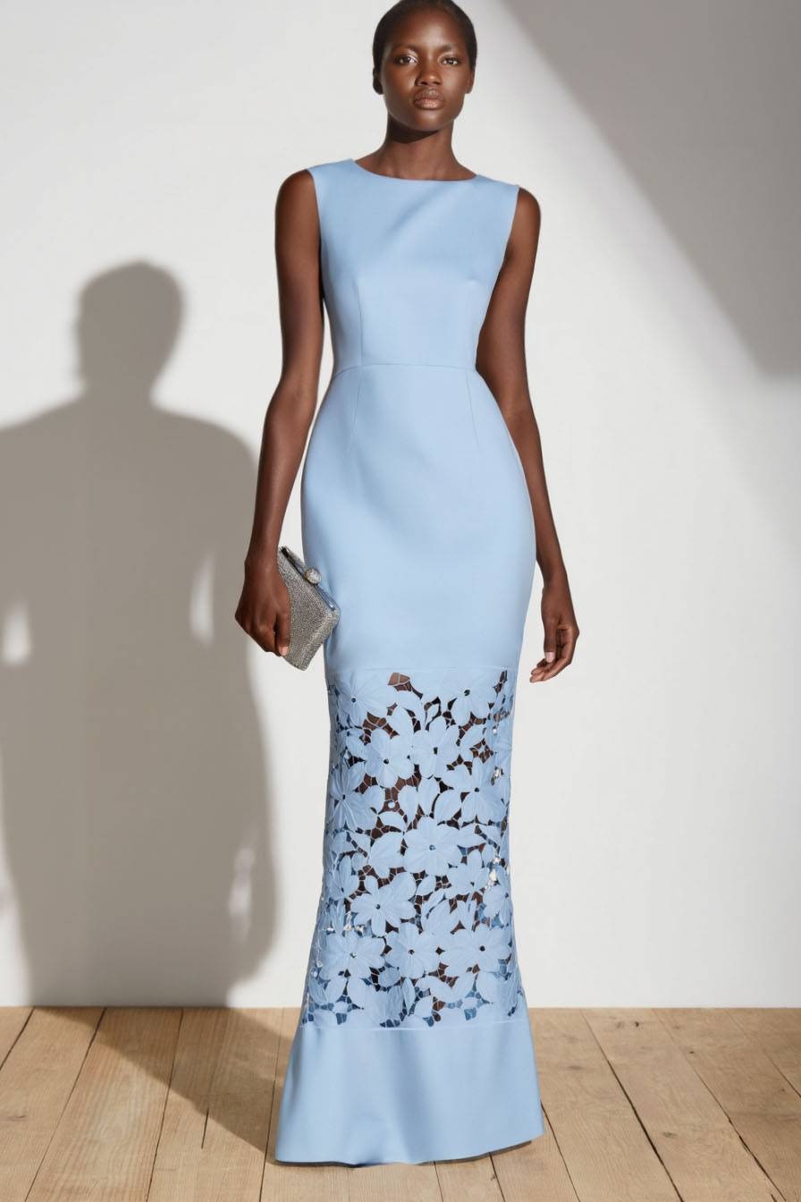 Formal ​Evening Dress Blue Crew Neck Maxi Lace Dress