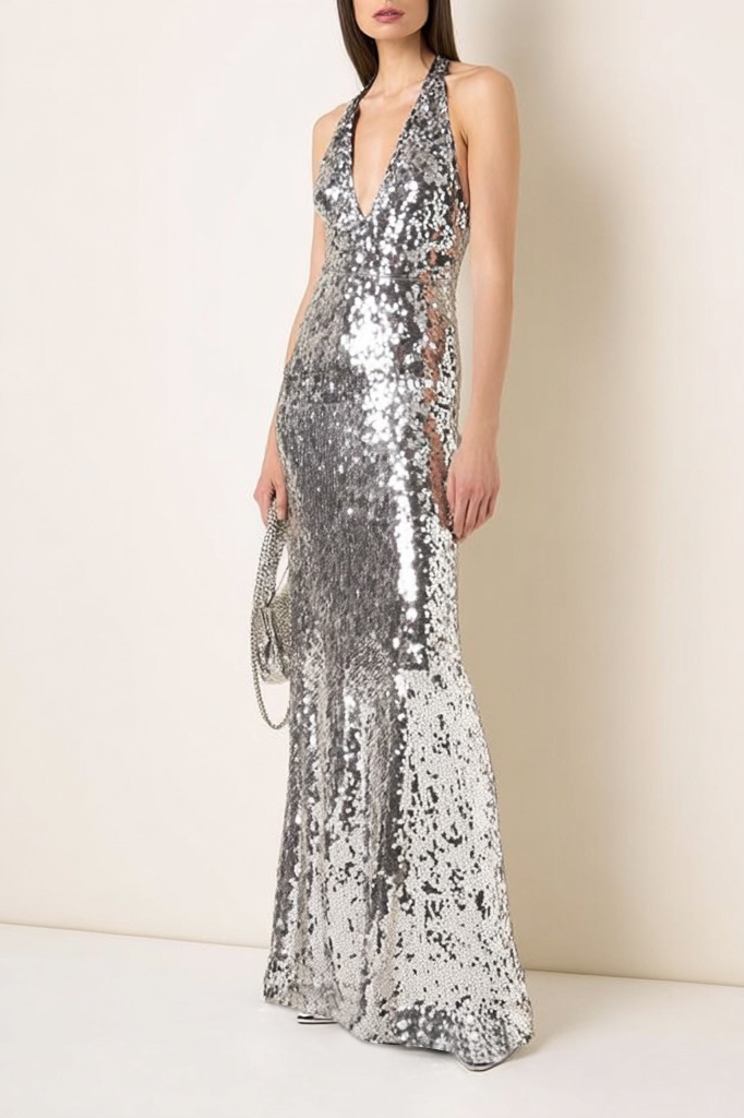 Evening Dress Silver Halter Neck Sequin Maxi Dress