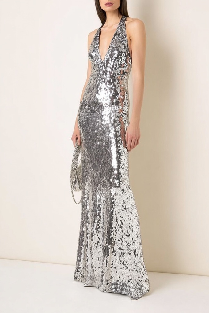 Evening Dress Silver Halter Neck Sequin Maxi Dress