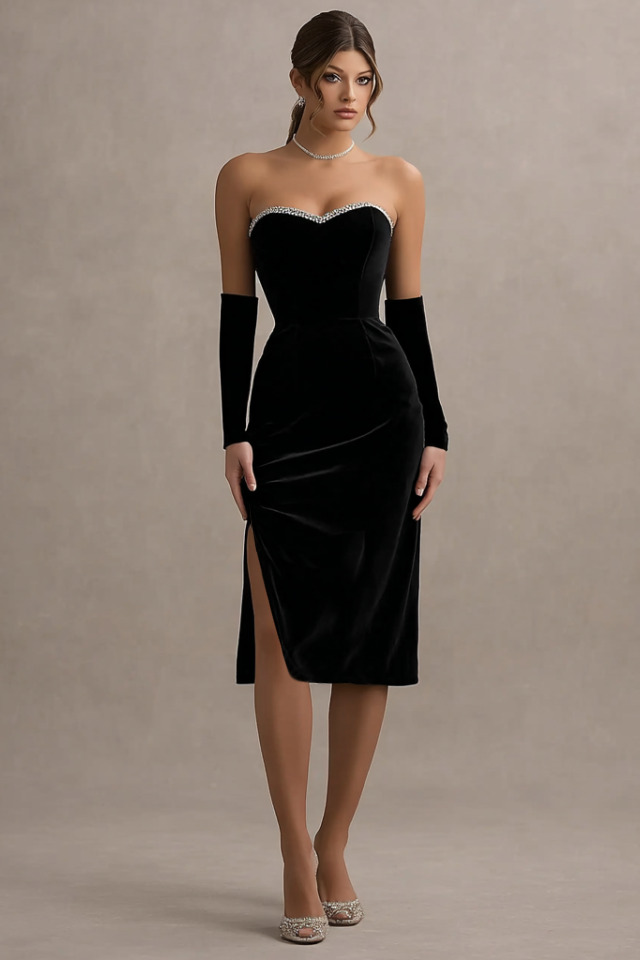 Party Cocktail Dress Black Strapless Velvet Knee-Length Dress