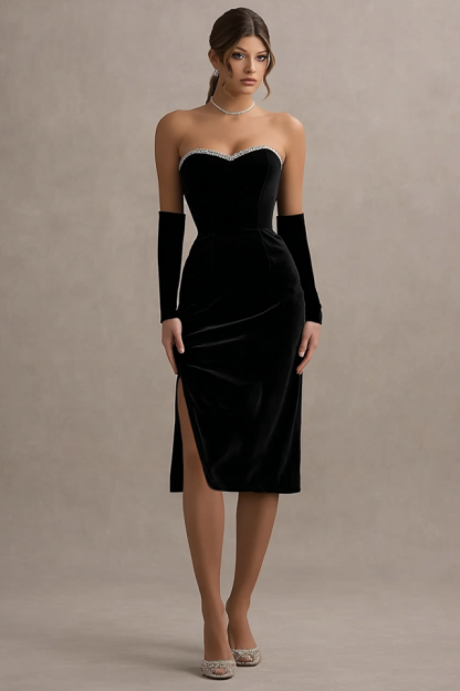 Party Cocktail Dress Black Strapless Velvet Knee-Length Dress