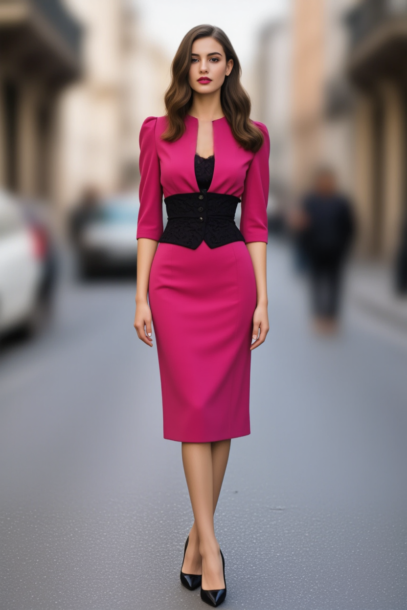 Work Dress Rose V Neck Half Sleeve Knee-Length Dress