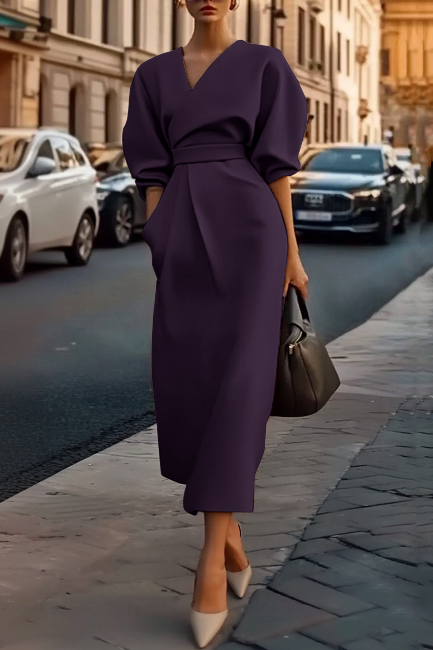 Work Dress Khaki V Neck Puff Sleeve with Pocket Midi Dress