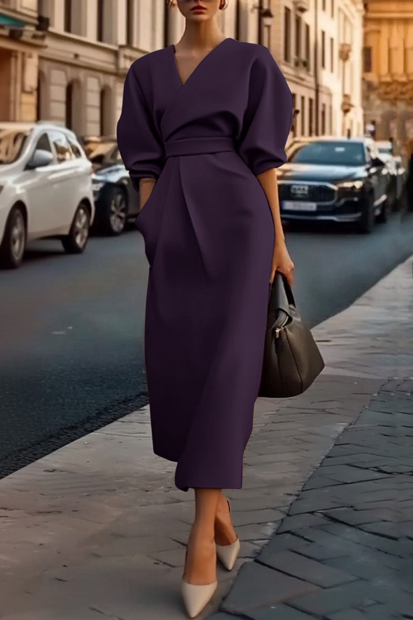 Work Dress Khaki V Neck Puff Sleeve with Pocket Midi Dress