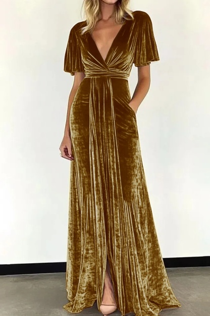 Formal Evening Dress Tan Velvet V Neck with Pockets Maxi Dress