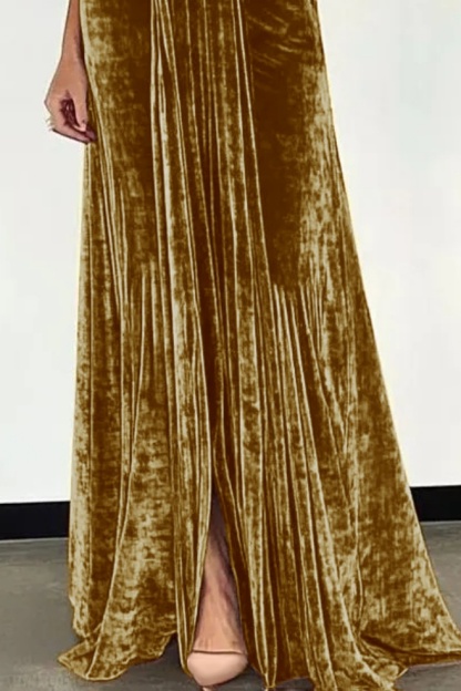 Formal Evening Dress Tan Velvet V Neck with Pockets Maxi Dress