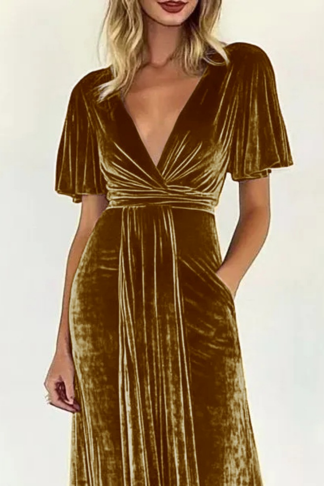 Formal Evening Dress Tan Velvet V Neck with Pockets Maxi Dress