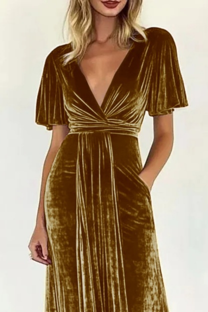 Formal Evening Dress Tan Velvet V Neck with Pockets Maxi Dress