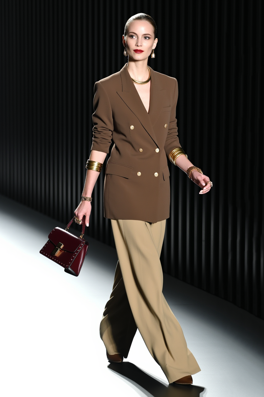 Work Blazer Suit Sets Brown Lapel Long Sleeve Wide-Leg Pants Set