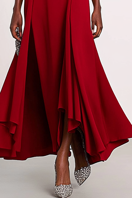 Work Party Formal Red V Neck Tiered Satin Maxi Dress