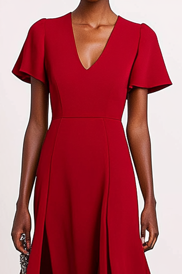 Work Party Formal Red V Neck Tiered Satin Maxi Dress